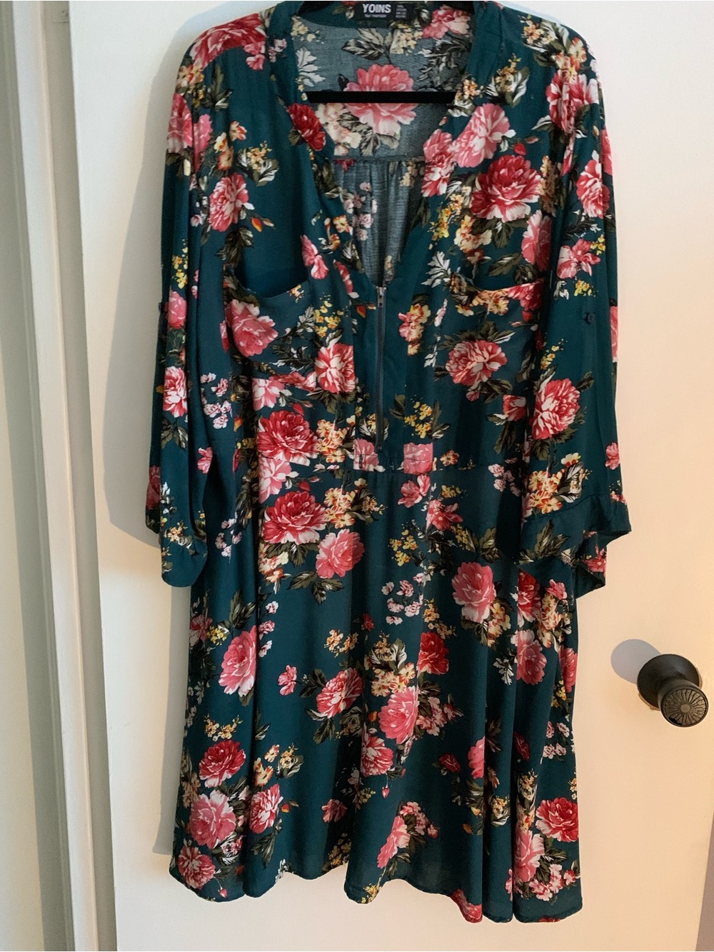 YOINS , Women'sTeal Floral V-Neck Fit & Flare Dress